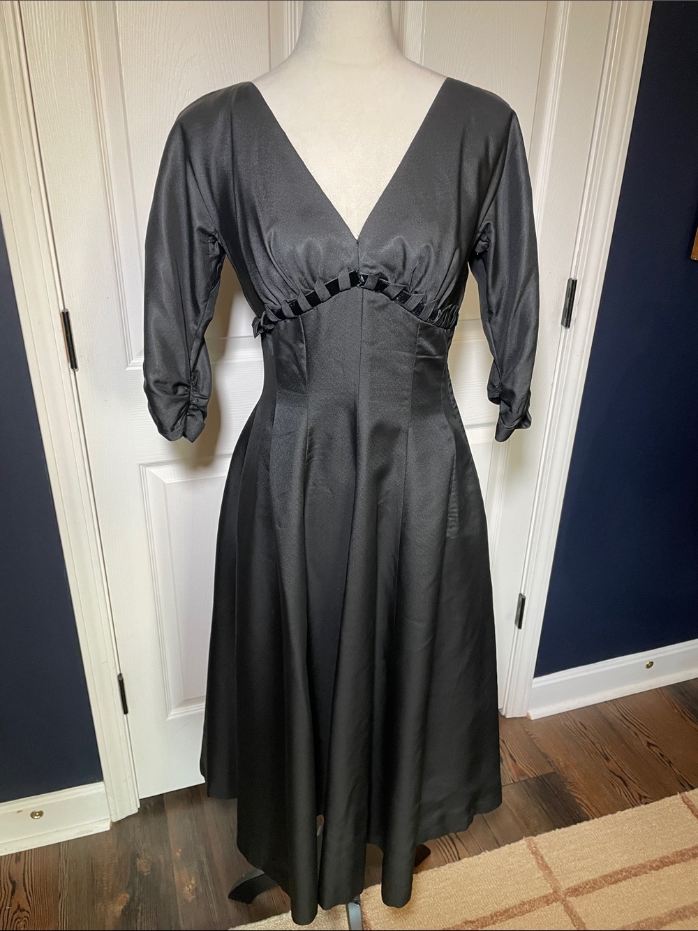 Vintage 1950s Black Satin Cocktail Dress V-Neck Ruched Underbust Midi Fit Flare